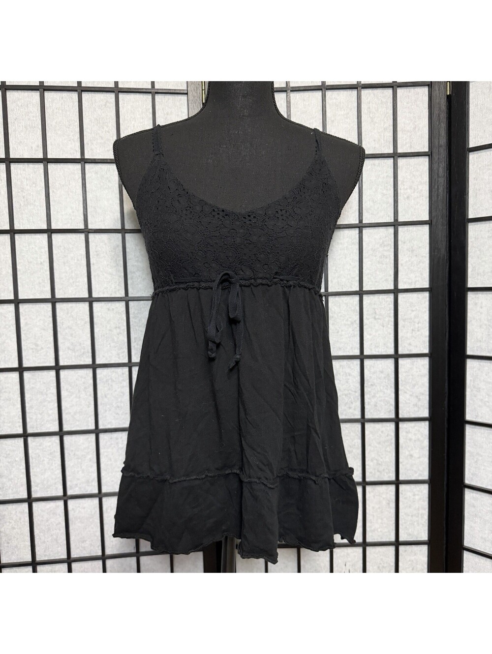 Pout Black Crochet Lace Babydoll Tank Top Drawstring Sz M